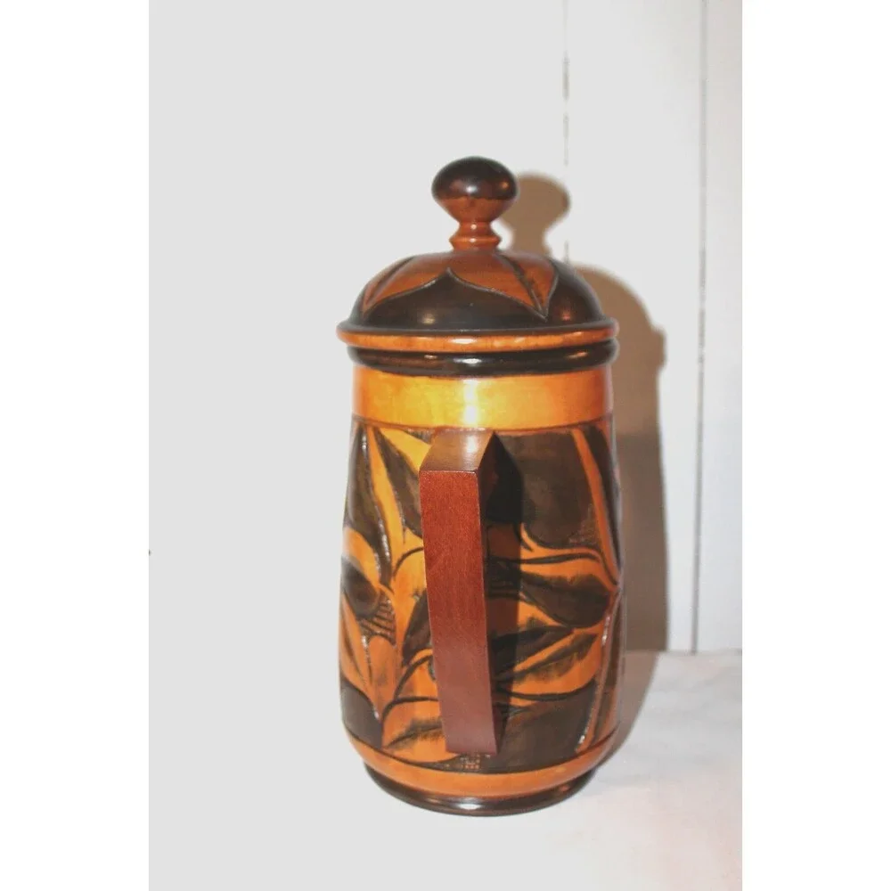 Vintage Polynesian Wooden Pitcher Hand Carved with Lid, Beautifully Crafted.